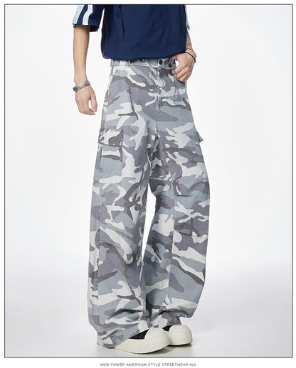 Men's American Vintage Camouflage Work Pants Pure Cotton High Street Hip Hop Loose Straight Leg Floor-Length Draped Casual Pants