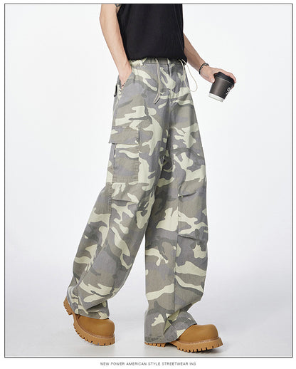 Men's American Vintage Camouflage Work Pants Pure Cotton High Street Hip Hop Loose Straight Leg Floor-Length Draped Casual Pants