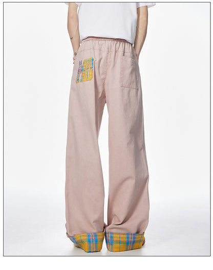 Vintage embroidered rolled edge plaid casual pants for men, pure cotton brand American cool breathable pants, summer casual wear, street trend suitable for teenagers.